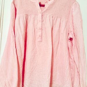 JCrew shirt  pink smocked long sleeve Popover cotton, ruffle Gauzy